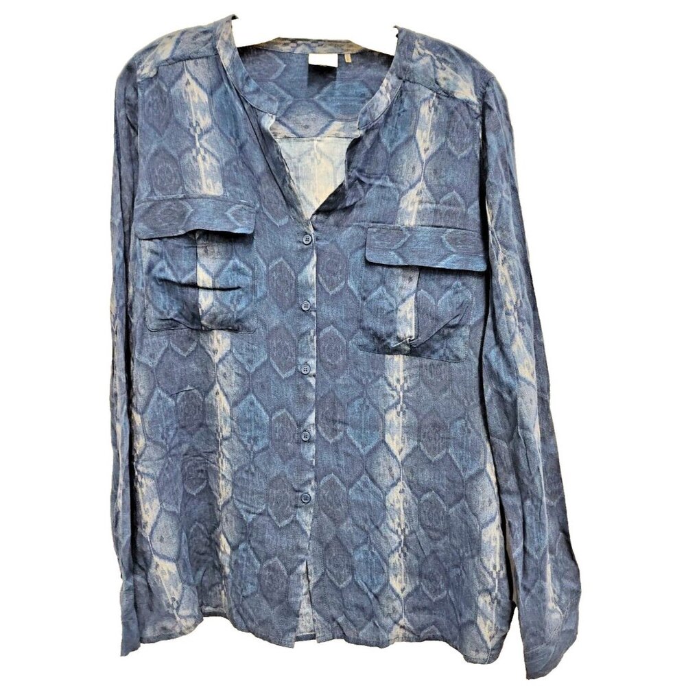 Ecru Womens Artsy Blouse Top Size XL Blue Abstract Button Up Long Sleeve Carrier